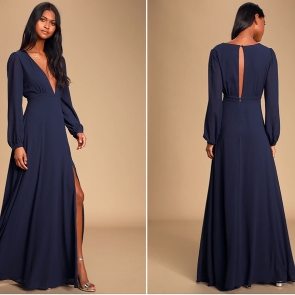 LULU's Long Sleeve Romantic Flowy Bridesmaid Wedding Formal Gown NWOT - Picture 3 of 3